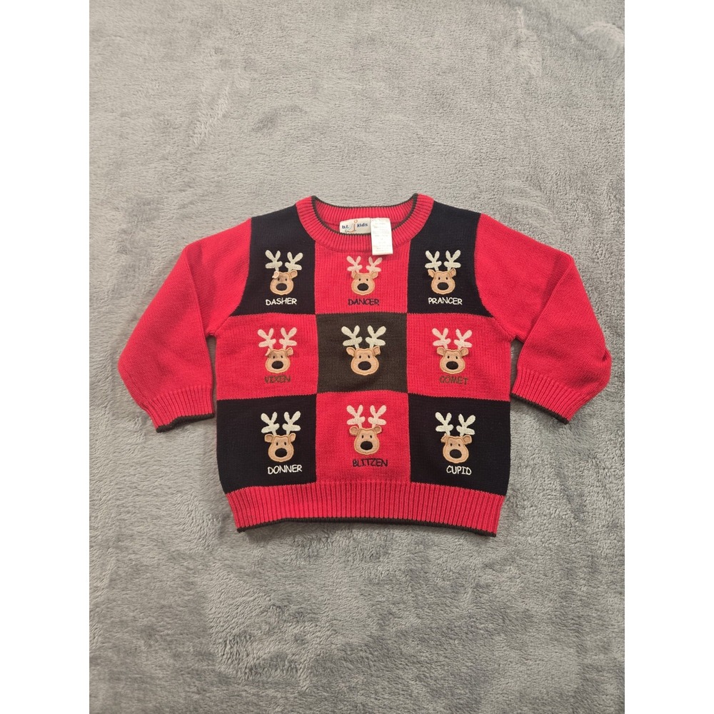 BT Kids Reindeer Size 3T Sweater Winter Christmas Red Knit Baby Y2k Vintage